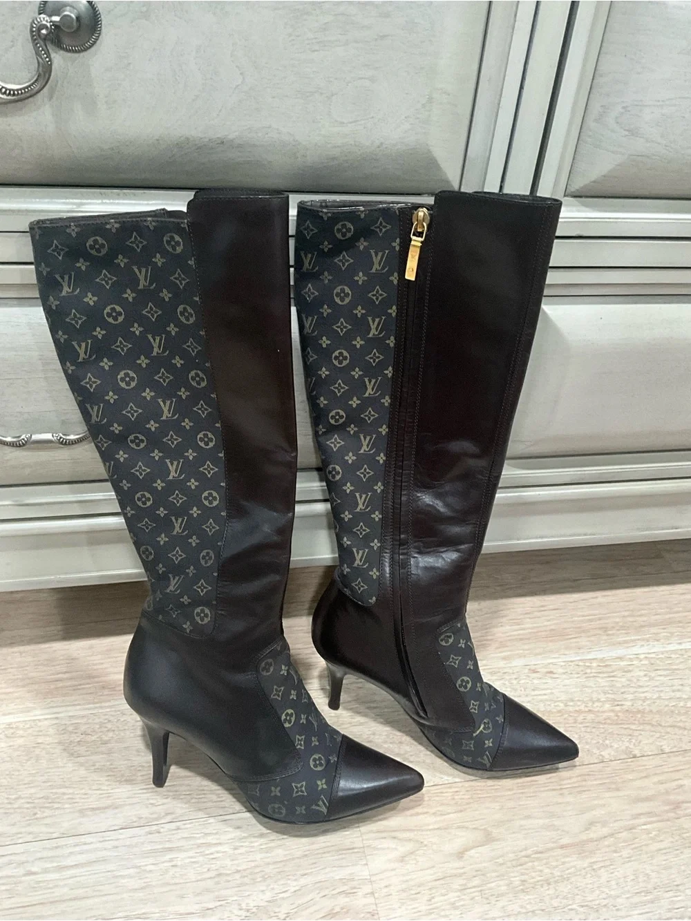 Louis Vuitton Black Monogram Paneled Knee-High Pointed Boots